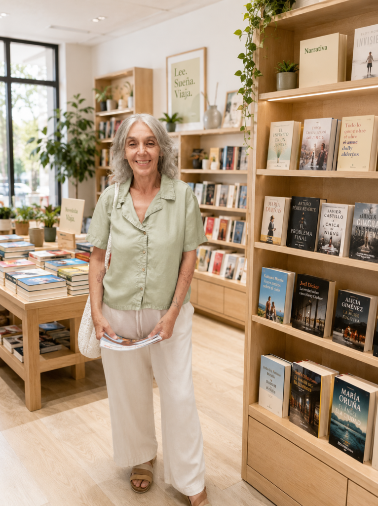 carmen moreno r. psicologa en una libreria con un libro en la mano especializada en ansiedad online