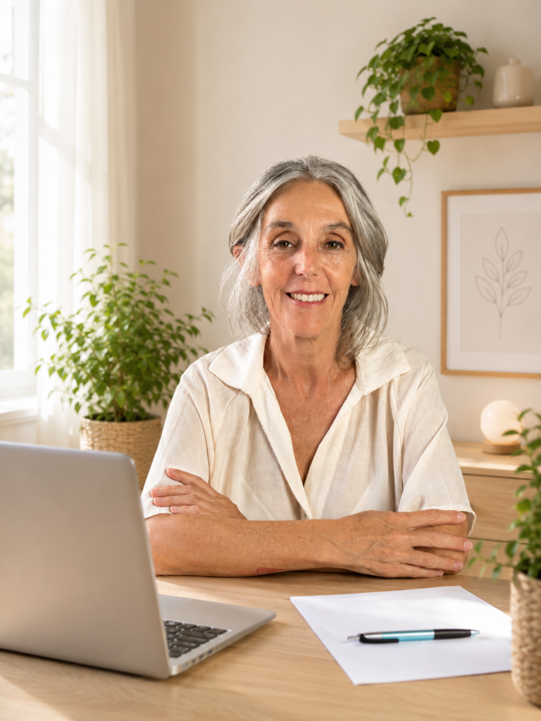 psicología-online-ansiedad-psicoserenidad. jpg retrato con los brazos cruzados en la mesa sentada frente a un cuaderno de carmen moreno r. psicologa especializada en ansiedad en su despacho luminoso con colores claros con un ordenador y plantas alrededor