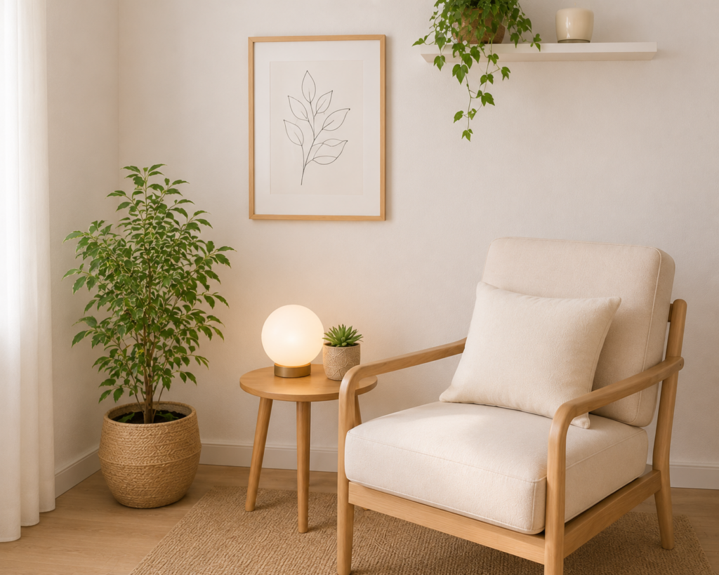 Inicio sillon blanco y mesa con lampara redonda blanca de una consulta de psicologia en psicoserenidad con macetas de pantas y cuadro